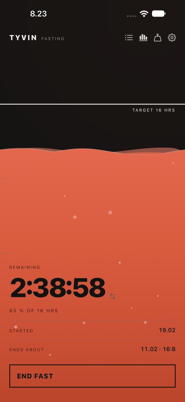 Tyvin during a fast: 2 hours 38 minutes remaining, 83 % of a 16-hour target.
