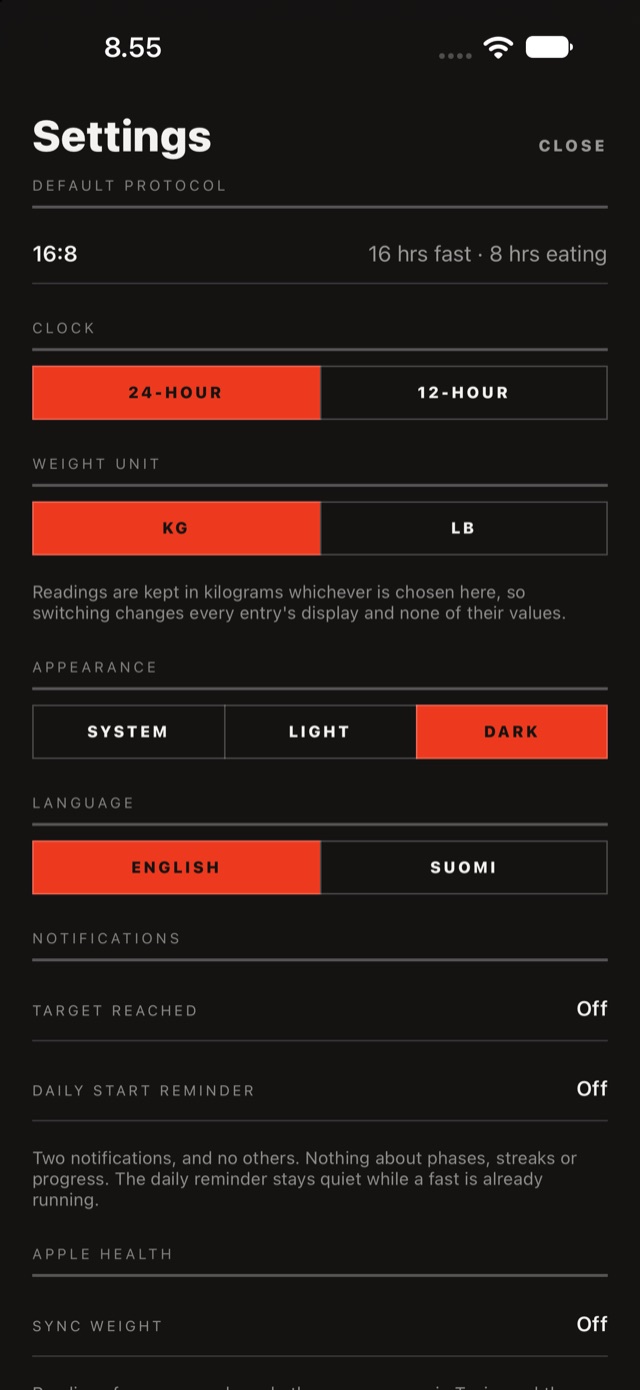 Settings for protocol, clock, units, appearance and language.