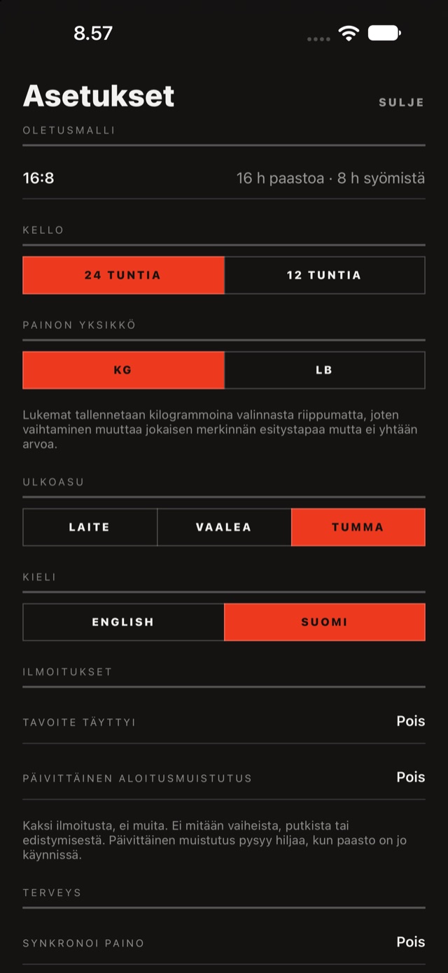 Asetukset: paastomalli, kello, yksiköt, ulkoasu ja kieli.